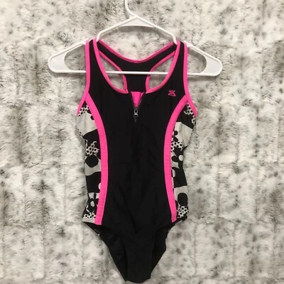 Traje de baño ZeroXposur niñas cremallera frontal una pieza talla 12 negro y rosa Foto 1 de 4