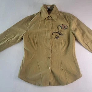 Vintage 1991 True Grit Sz M Corduroy Long Button Down Tan Floral Embroidered - Picture 1 of 10