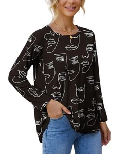 IZURIA Black & White Abstract Faces Long Sleeve Crewneck Top Size 3X - Picture 1 of 1