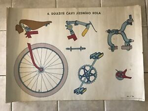 Original retro pull down school chart of 4. Bicycle´s accessories 1978