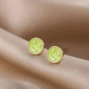 Small Green & Gold Smiley Face Y2K 90s Happy Stud Earrings NEW - Picture 1 of 5