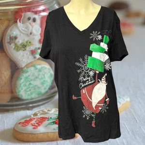 Holiday Time Damen Gr. 2X Weihnachten T-Shirt schwarz V-Ausschnitt Weihnachtsmann Geschenke - Bild 1 von 3