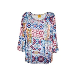 Ruby Rd Womens Multi Color Bright Blooms Tunic Top SZ XL 3/4 Ruffle Key Hole - Picture 1 of 16