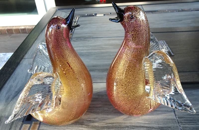Pair Formia Vetri Di Murano Art Glass Rose GOLD Foil Bird Duck Figurines Italy - image 1 of 4