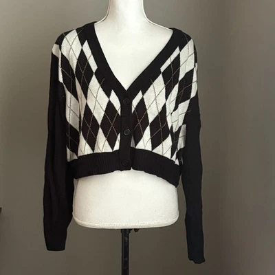 Divided Argyle Cropped Cardigan Sweater Womens XL V-Neck Button Preppy Academia - Image 1 of 4