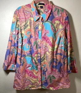 Chaps Women's Blouse 3X Multicolor Paisley Print 3/4 Sleeves Cotton Shirt - Picture 1 of 6
