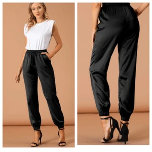 New Olive + Oak Satin Joggers Pants Drawstring Pockets M Black - Picture 1 of 15