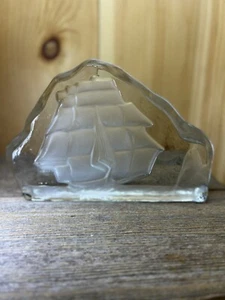 Pretty Vintage Viking Glass Sailing Ship Figurine Heavy Sculpture Clear Frosted- - Picture 1 of 12