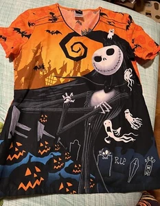 Disney The Nightmare Before Christmas Women's Scrub Top XS Orange & Black V Neck - Picture 1 of 2