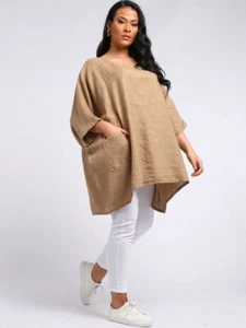 Ladies Italian Short Sleeves Plain Tunic Top Womens Quirky Lagenlook Linen Dress - Picture 1 of 22