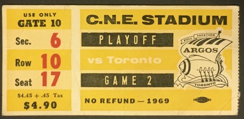 1969 C.N.E. Stadium CFL Football Playoff Game 2 Ticket Ottawa vs Toronto Argos Cover