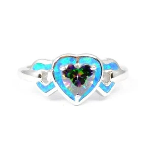925 Sterling Silver Synthetic Opal Ring - Inlay Mystic Rainbow Topaz Heart - Picture 1 of 2