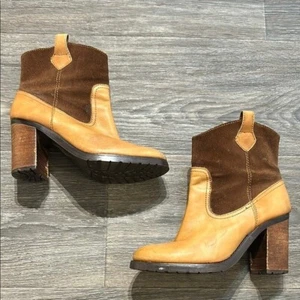 Lauren Ralph Lauren Devyn Leather Suede Heeled Ankle Boots Western Tan Brown 6 - Picture 1 of 10