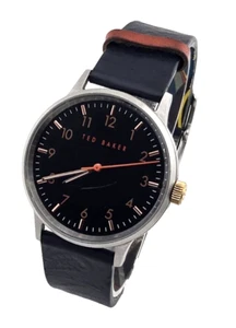 Ted Baker Lobster Back Large Round Black w Gold Tone Watch Leather Band NEW BATT - Picture 1 of 9