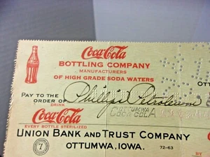 1930er Vintage Coca Cola Abfüllung Cola Soda Scheck an Phillips Petroleum Gas Co.  - Bild 1 von 7