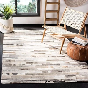 Hand Woven Natural Cowhide Hair on Patch Work Leather Modern Room B-03 - Picture 1 of 9
