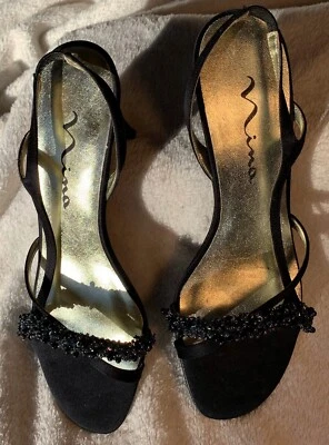 Años 90 DE COLECCIÓN NUEVOS ZAPATOS NINA SATINADOS NEGROS 3” Tacón Correas Joyas 8M Suela de Cuero “A” Foto 1 de 4