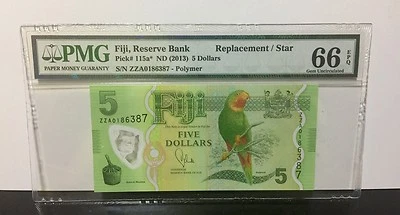 2013 Fiji, Reserve Bank $5 P-115a* "REPLACEMENT/STAR" Banknote PMG 66 EPQ - Image 1 of 3