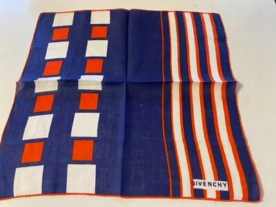 BUFANDA CUELLO CUADRADO VINTAGE GIVECHY 15” X 15” AZUL BLANCO ROJO RAYAS Y CUBOS  Foto 1 de 3