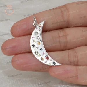 Natural Multi Sapphire Moon Charm Pendant Solid 925 Sterling Crescent Moon Charm - Picture 1 of 11