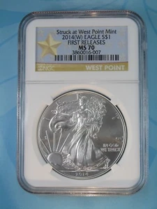 2014 (W) NGC MS70 SILVER EAGLE STRUCK AT WEST POINT FIRST RELEASES STAR LABEL - Picture 1 of 2
