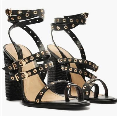 Schutz Heeled Sandals 9.5 Black Leather Annete Grommet Strappy High Ankle Woven - Image 1 of 4