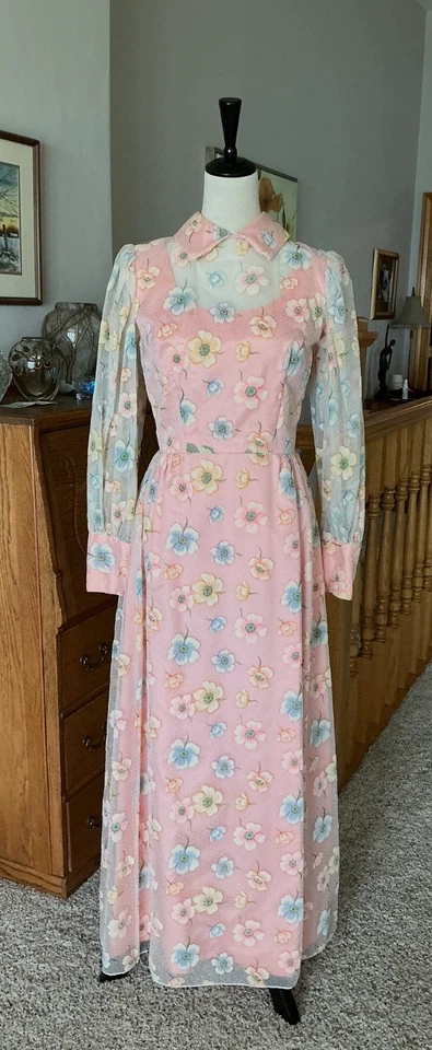 70s Prom Dress Vintage Long Sleeve Pink Lace Bridesmaid Formal Gown CUSTOM Made - Image 1 of 4