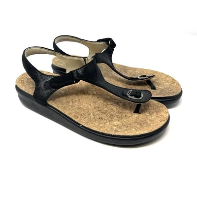 SAS Tripad Comfort Marina T-Strap Sandals Women’s Black Leather Cork Insole 9.5 - Image 1 of 4