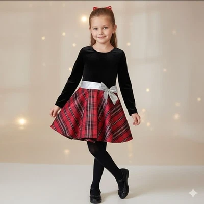 Bonnie Jean Christmas Dress Girls 14 Black Velvet Red Plaid Shimmer Long Sleeve - Image 1 of 4