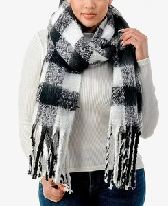 Marcus Adler Cozy Plaid Blanket Fringe Scarf Women's One Size Black/White Plaid - Picture 1 of 13
