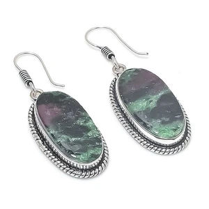 Natural Ruby Zoisite Gemstone 925 Starling Silver Jewelry Earring Size 1.75" - Picture 1 of 1