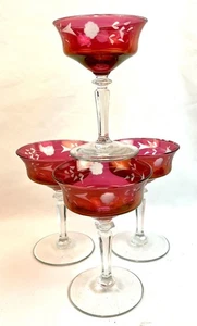 4 VTG Etched Ruby Cut To Clear Crystal Floral Flash Champagne Glasses 5.5” - Picture 1 of 10