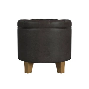 Round Storage Ottoman Black Faux Leather - HomePop: Honey Oak Wood Legs, - Picture 1 of 11