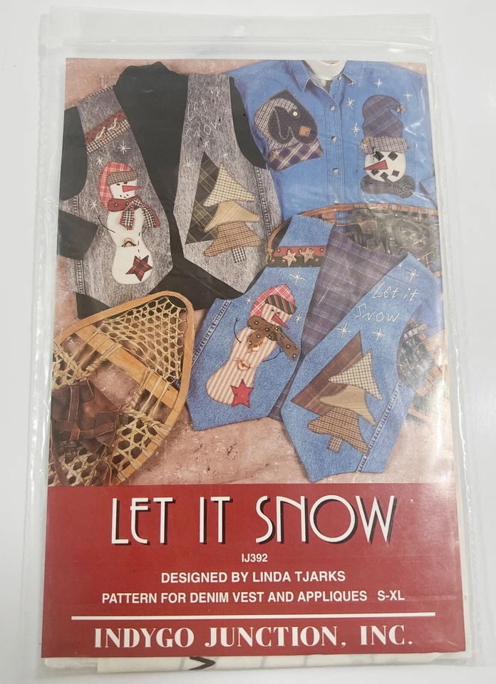 1996 Let It Snow Denim Vest & Applique Pattern S-XL Designed By Linda Tjarks New - Image 1 of 3