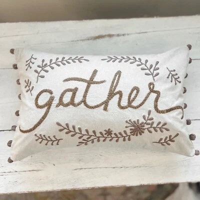 Pottery Barn Embroidered Gather Lumbar Pillow Cover 16 x 26" Thanksgiving Fall - Image 1 of 4