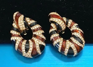 STUNNING SIGNED CINER BLACK BROWN ENAMEL CRYSTALS LARGE DANGLE CLIP EARRINGS - Picture 1 of 6
