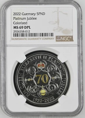 Top Pop 2022 Guernsey £5 QEII Platinum Jubilee Colorized NGC MS 69 DPL - Image 1 of 2