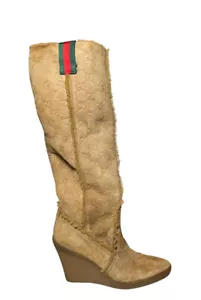 Gucci Courtney Suede Microguccissima Shearling Wedge Knee High Boots 9 - Picture 1 of 6