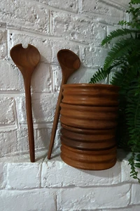 Set of 4 Vintage 70s Teak Wood Ribbed Salad Bowls Serving Utensils Boho MCM - Picture 1 of 12