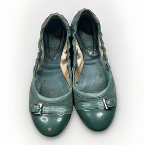 Tods Green Metal Buckle Suede Round Toe Scalloped Edge Ballet Flats Size EU 37 - Picture 1 of 11