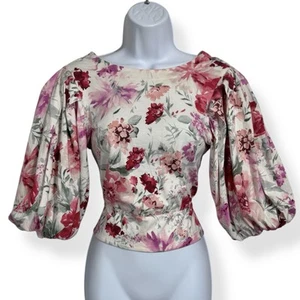 NEU Express Boho Blumen Puffärmel Crop Top Gr. XS Strick hinten offen kokett - Bild 1 von 13