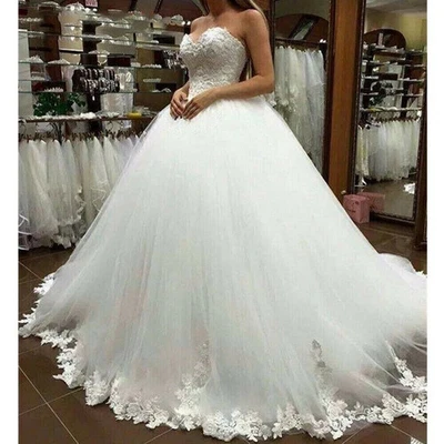 Wedding Dresses Ball Gown Sweetheart Lace Applique Tulle Bridal Gown Custom Size - Image 1 of 4