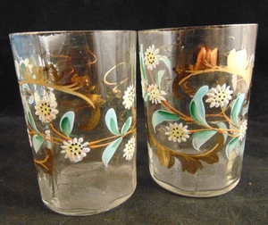 Two Antique Glass Tumbler Victorian Clear Hand Paint Floral Enameled Lemonade - Picture 1 of 7