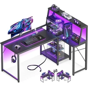 L Shaped Gaming Desk with Power Outlet, Computer Desk with LED Lights, Corner... - Picture 1 of 7