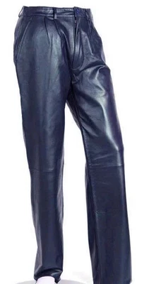 Bleu Marine Homme Cuir Pantalon 100% Pure Peau de Mouton Slim Fit Motard Jean - Photo 1/4