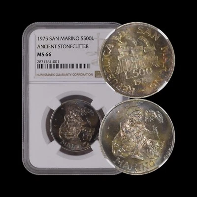 SAN MARINO. 1975, 500 Lire, Silver - NGC MS66 - St Marinus, Stonemason 🌈 Tone. - Image 1 of 4