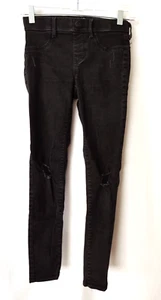 SO Jeggings Pull On Faux Fly 2 Back Pockets Destroyed Knees Black Size 12 #15664 - Picture 1 of 4