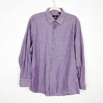 Boss Hugo Boss Men's 16.5/ 32 Pink and Purple Linen Cotton Blend Button Up Shirt - Image 1 of 4