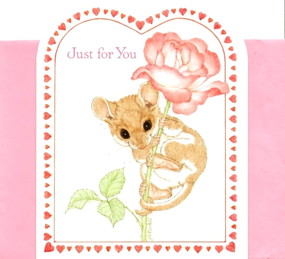 Tarjeta de felicitación Feliz día de San Valentín rosa bebé ratón rata Linda Powell Foto 1 de 3