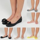 WOMENS LADIES FLAT PEEPTOE CASUAL OFFICE JELLY BOW SLIP ON SHOES BALLERINA PUMPS